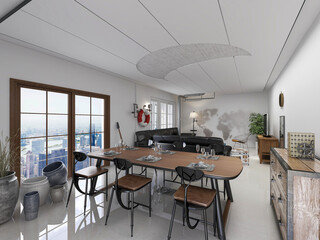 spacious dining room design next to the modern kitchen, with a beautiful dining table and greenery