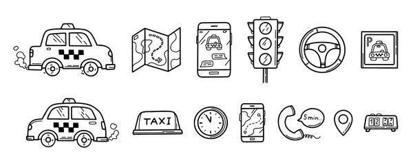 Hand drawn doodle Taxi set of icons. Traffic light, cars, signs. Vector illustration in black colour © kanvictory