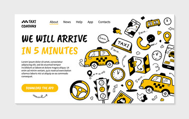 Taxi landing page in Doodle style hand drawing, vector template for a site with cars