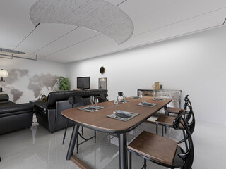 spacious dining room design next to the modern kitchen, with a beautiful dining table and greenery