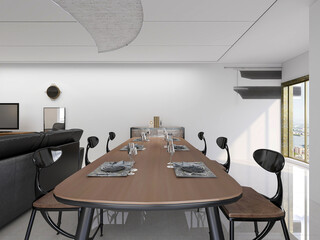 spacious dining room design next to the modern kitchen, with a beautiful dining table and greenery