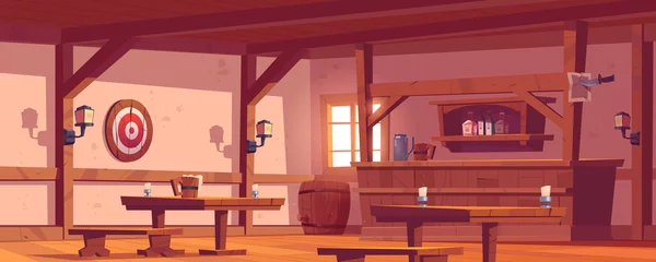 Fotobehang Old tavern, vintage pub with wooden bar counter, shelf with bottles, lanterns and beer mug on table. Vector cartoon empty interior of retro saloon with barrel and darts target on wall © klyaksun