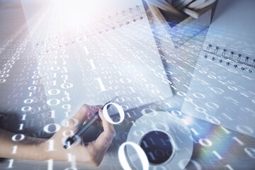 Multi exposure of woman's writing hand on background with data technology hud. Concept of...