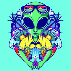 alien skater on beach concept for t-shirt design