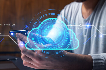 Man using phone. Hands typing smartphone. Double exposure with cloud symbol hologram. Close up. Data store concept.