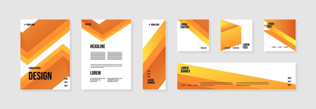 Set of abstract template layouts with creative shapes, suitable for business project events, flyers/leaflet, banner ads, brochure covers, identity, and social media posts. Vector backgrounds.