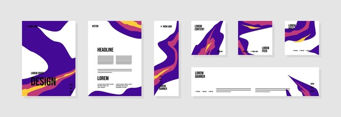 Set of abstract template layouts with creative shapes, suitable for business project events, flyers/leaflet, banner ads, brochure covers, identity, and social media posts. Vector backgrounds.