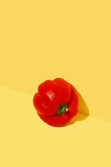 Red fresh bell pepper on bold yellow background. Minimal trendy composition. Healthy organic vegan food concept