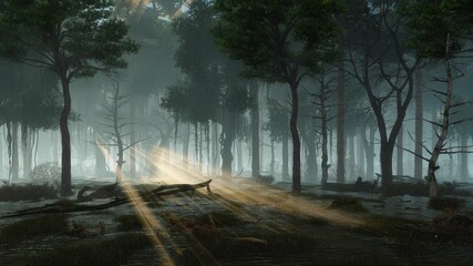 Obraz premium Mysterious woodland landscape with supernatural fairy firefly lights flying in a last sun rays shining through tree silhouettes in a swampy night forest. 3D illustration from my own 3D rendering file.