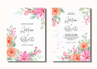 Wedding invitation card with pink orange floral watercolor