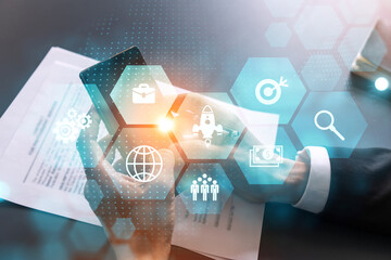 Businessman search and analyze using on-line app on phone. Research and development hologram.