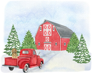 Watercolor winter landscape with red barn, tree, snow, red truck. Farmhouse illustration perfect for  Christmas and New Year project, invitations, greeting cards. Watercolor holiday illustration. 