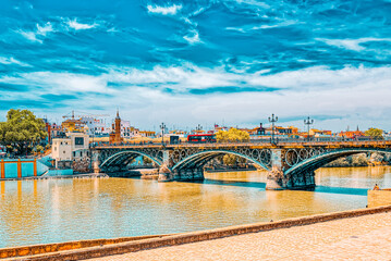 View on downtown of Seville and Guadalquivir River Promenade.