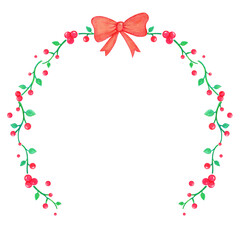 Christmas wreath with red ribbon. Watercolor illustration handmade.
