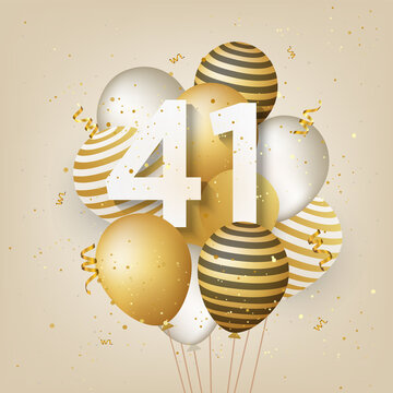 Happy 41th birthday with gold balloons greeting card background. 41 years anniversary. 41th celebrating with confetti. Vector stock