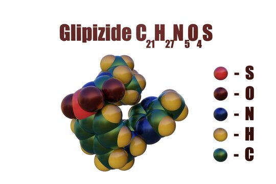 Structural chemical formula and space-filling molecular model of glipizide, a diabetes medicine that helps control blood sugar levels by helping your pancreas produce insulin. 3d illustration
