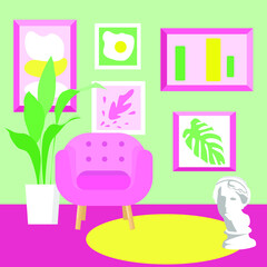 Modern cartoon living room with furniture and plants. Cozy interior with armchair, picture, sculpture. Flat style vector illustration.