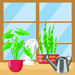 Modern cartoon windowsill with window, plants and watering can for flowers. Flat style vector illustration.