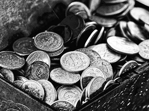 Black And White Photography Of A Treasure Chest With Coins. Polish Coins. Zloty. PLN.