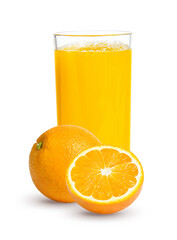 Fresh orange juice in glass or bottle with fruits, isolated on white