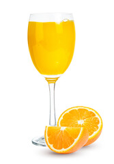 Fresh orange juice in glass or bottle with fruits, isolated on white