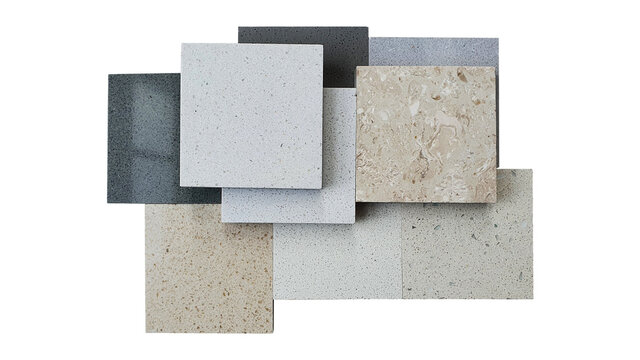 Multi Color And Texture Of Granite Stone Samples In Square Shape. Composition Of Stacked Quartz Stone Surface For Countertop Such As Kitchen Or Basin Countertop Isolated On White Background.