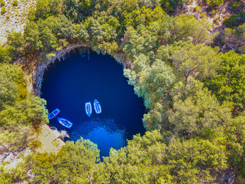 Drone shot of Melisani lake in Sami, Kefalonia, Greece