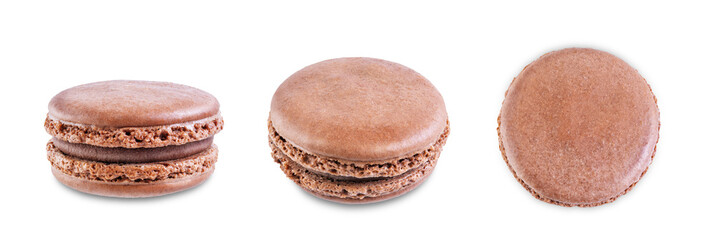 Chocolate Macarons with chocolate filling on a white isolated background