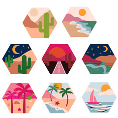 Set of weather and landscapes icons. Vector illustration.