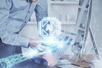 Multi exposure of tech drawings with man working on computer background. Concept of innovation.