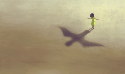 imagination artwork ,Girl with flying bird shadow , painting art, conceptual illustration,  freedom  ambition life and hope concept,  surreal child dream