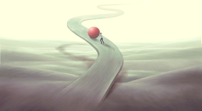 Concept art of success hope dream way and ambition , surreal landscape painting,  a man with red ball on floating road , imagination artwork, conceptual illustration