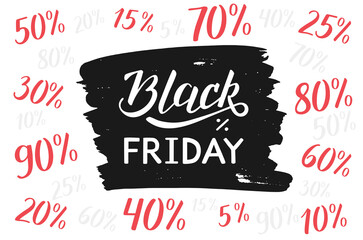 Black Friday handwritten lettering modern brush calligraphy. Numbers and percentage are drawn by hand. Sale vector logo concept. Black and red design for banner, flyer, label, print, poster, card, web