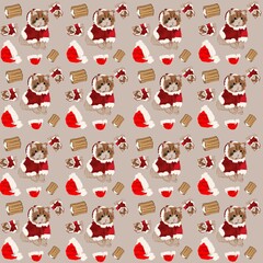 new year pattern with small kitty and hat of Santa Claus and burning candle