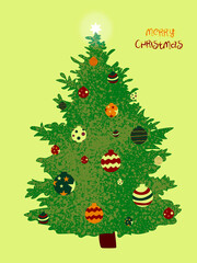 Green Christmas tree with balls as symbol of Happy New Year, Merry Christmas holiday celebration.