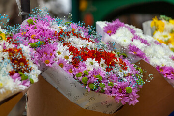 Colourful bouquet of blooming flowers in outdoor market, Tbilisi