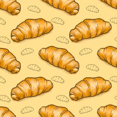The digital painting of French croissant bread bakery seamless pattern background raster illustration.