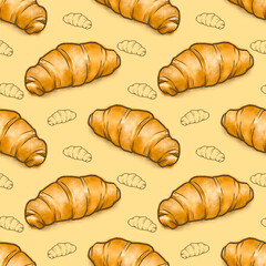 The digital painting of French croissant bread bakery seamless pattern background raster illustration.