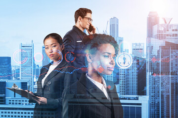 Group of business colleagues as a part of multinational corporate team working on project to...