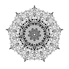 Mandala, tracery umbrella design, Various climates for a beautiful pattern or designed for coloring book page, tattoo, postcard, cover or yoga template. Binary monochrome on black and white art.