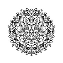 Mandala, tracery lotus flower or water lily and petals, beautiful pattern or designed for coloring book page, tattoo, postcard, cover or yoga template. Binary monochrome on black and white art.