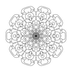 Mandala, tracery petal and flower, beautiful pattern or designed for coloring book page, tattoo, postcard, cover or yoga template. Binary monochrome on black and white art.
