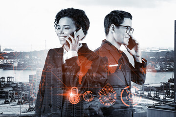 Businessman and businesswoman as a part of corporate team processing conference call to protect clients confidential information at cybersecurity compliance division. IT lock icons over Singapore.