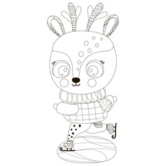 A cute black and white little reindeer is skating on ice. Christmas isolated children outline illustration. Funny animal. Winter cartoon character for coloring book. Vector.