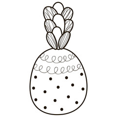 Abstract black and white pineapple with foliage. Isolated outline tropical fruit in a Scandinavian style. Doodle for coloring, logo, icon, sticker, nursery and feast design element, print. Vector.