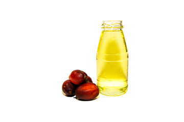 Fresh palm oil fruits with palm oil in a bottle isolated on white background, palm fruits have been selected fresh from the palm plantations to enter into the production process of the factory.