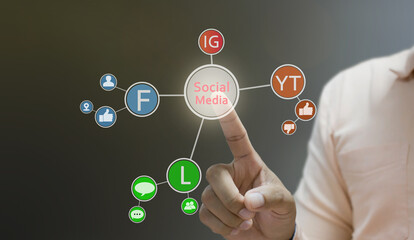 Business man touch button connect social media network