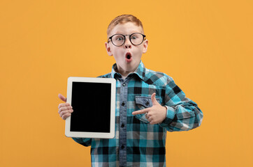 Amazed boy pointing at blank digital tablet screen