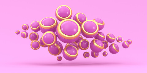 Abstraction illustration. Pink and gold balls are flying on a white background. 3d render illustration. Illustration for advertising.