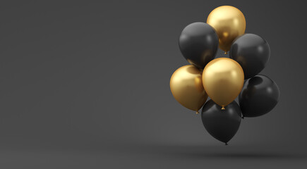 Composition of gold and black balloons on a black background. 3d rendering. Black Friday.